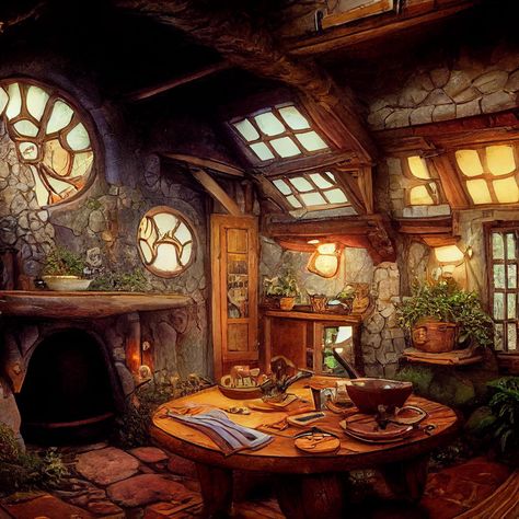 Fantasy Cottage Interior, Stone Cottages Interior, Fantasy House Interior, Hobbit House Interior, Hobbit Home, Dnd Room, Interior Concept Art, Fairytale Houses, Fantasy Cottage