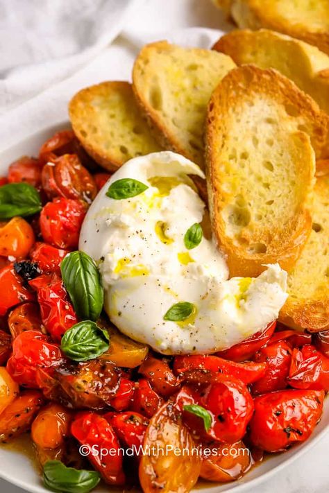 Burrata with Balsamic Tomatoes (So Flavorful!) - Spend With Pennies Cheese Fondue Recipe Easy, Balsamic Tomatoes, Easy Cheese Fondue, Burrata Recipe, Crockpot Pork Tenderloin, Toasted Crostini, Cheesy Appetizer, Fondue Recipes, Bruschetta Recipe