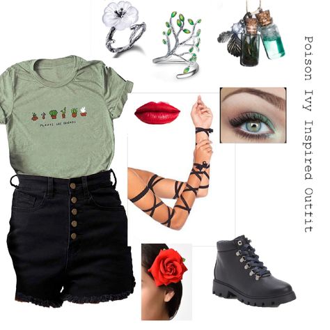 All of my ideas put in one post, my outfit inspired by Poison Ivy (DC) for my trip to Six Flags this year. A DC DisneyBound, a DCBound if you will. Poison Ivy Casual Outfit, Dc Inspired Outfits, Poison Ivy Outfit Ideas, Ivy Inspired Outfit, Poison Ivy Inspired Outfit, Poison Ivy Outfit, Sporty Winter Outfits, Poison Ivy Harley Quinn, Ivy Clothing