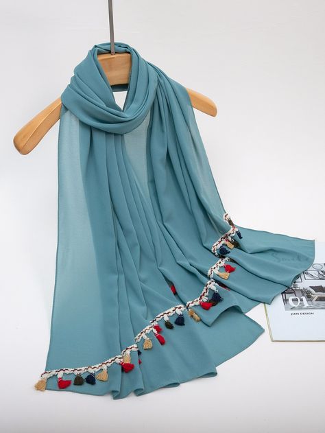 Blue    Polyester Plain Scarf    Women Accessories Chiffon Scarf Style, Hijab Design Ideas, Hijab Princess, Duppattas Designs Ideas, Hijab Colors, Fruit Names, Plain Scarves, Tassel Decor, New Saree Blouse Designs