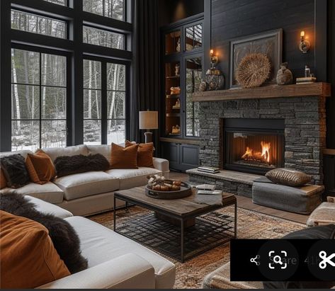 Black Country House Interior, Moody Ranch House, Moody House Aesthetic, Dark Wood Aesthetic, Copper House, Country House Interior, Dark Wall, Western Homes, Black Walls