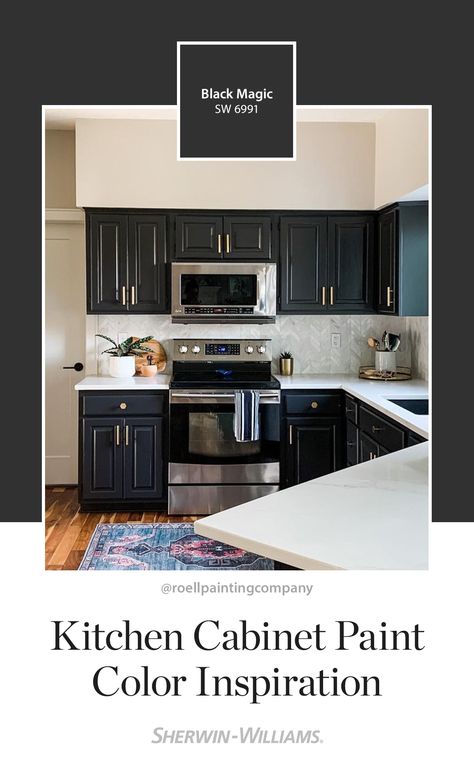 If a kitchen cabinet repaint is on your to-do list, why not go bold with a paint color like Black Magic SW 6991 from Sherwin-Williams? Paint both your upper and lower cabinets like @roellpaintingcompany (on Instagram), or try it on a kitchen island to add visual interest to the heart of your home. Tap this pin to order a free paint color chip. #SWColorLove #sherwinwilliams #diy #diyprojects #kitchen #cabinets #renovation #paint #painting Black Magic Kitchen Cabinets, Best Black Cabinet Paint Colors, Sherwin Williams Black Cabinet Color, Sherwin Williams Black Magic Cabinets, Sherwin Williams Tricorn Black Cabinets, Tricorn Black Sherwin Williams Cabinets, Kitchen Paint Color Inspiration, Paint Colors For Kitchen Cabinets, Colors For Kitchen Cabinets