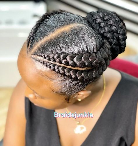 Professional Updo with 4 Feed-Ins Feed In Braids Pigtails, 4 Big Cornrow Braids, Feed In Braids For Older Black Women, Box Braids For Older Black Women, Braided Hairstyles For Older Black Women Over 50, Protected Hairstyles, Two Big Braids, Braids For Older Black Women Over 50, 4 Cornrows Braids