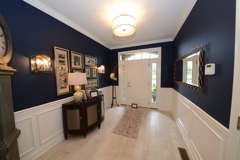 Deep blue walls contrast beautifully with white wainscoting and light floors. Newly built townhomes in Walden Square by County Builders, Inc. Newtown, PA. White Wainscoting Blue Walls, Blue Wainscoting, Hallway Wainscotting, Modern Wainscoting Ideas, Rustic Wainscoting, Bedroom Wainscoting, Craftsman Wainscoting, Wainscoting Living Room, Wainscoting Height