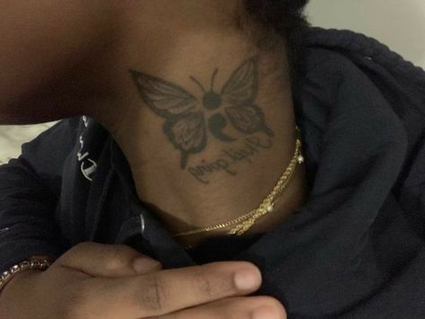 Female Neck Tattoo Ideas For Black Women, Cute Neck Tats For Women, Black Butterfly Neck Tattoo, Baddie Neck Tattoos Butterfly, Ways Neck Tattoo, Rose Neck Tattoo Black Woman, Black Peoples Tattoo, Neck Tats Black Women, Black Women Neck Tattoos