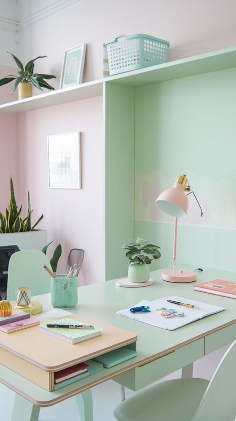 Pastel Office Decor, Dreamy Office, Mint Green Room, Green Room Design, Pastel Office, Office Decor Work, Corporate Girly, Decor Inspiration Diy, Shelter Ideas