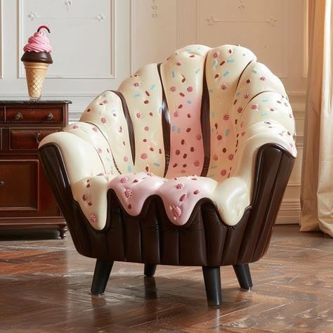 Introducing the Sundae Delight Chair, a whimsical blend of comfort and confectionery inspiration! Picture yourself sinking into a plush seat that evokes the essence of your favorite ice cream sundae. Smooth, swirling cushions reminiscent of creamy vanilla ice cream, adorned with a drizzle of rich chocolate or caramel. The armrests might feature textures that mimic the crunch of a waffle cone or the smoothness of a syrupy topping. The base is designed with a nod to the playful elegance of sund... Ice Cream Parlor Chairs Ideas, Ice Cream Interior Design, Ice Cream Furniture, Ice Cream Parlor Chairs, Ice Cream Room Decor, Girly Living Room Ideas, Ice Cream Parlar Furniture, Seashell Chair Pink, Girly Living Room