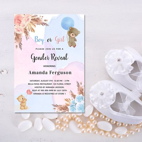 Invitation Bear Theme, Baby Shower Teddy Bear, Teddy Bear Baby Shower Invitations, Bear Invitations, Bear Pink, Blue Invitation, Luxury Invitation, Teddy Bear Baby Shower, Gender Reveal Invitations