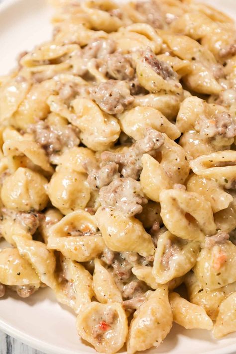 Hamburger Meat Recipes With Cottage Cheese, Hamburger Parmesan Recipe, Casserole Recipes With Hamburger Meat, Supper Ideas Easy Ground Beef Healthy, Alfredo And Beef Recipe, Ground Beef Parmesan Recipes, Creamy Pasta With Ground Beef, Ground Beef Pasta Recipes White Sauce, Ground Beef Hotdish