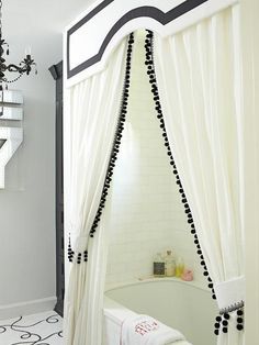 Shower Curtain Valances on Pinterest | Bathroom Valance Ideas ... Shower Curtain With Valance, Makeover Kamar Mandi, Double Shower Curtain, Shower Style, Unique Shower Curtain, White Bath, Girls Bathroom, Black Shower, Bath Room