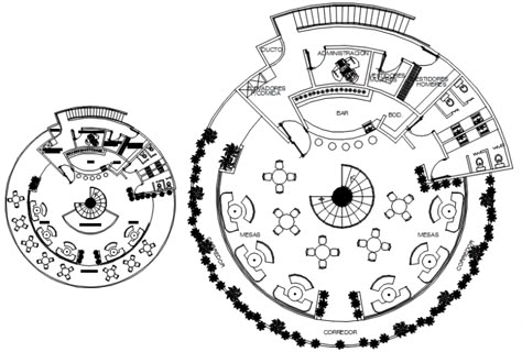 2d CAD drawings details of circular open restaurant dwg autocad file that shows the floor plan of the restaurant along with furniture blocks details in building and landscaping details dining area kitchen area sanitary toilet details also included in drawings. Cafe Plan Architecture, Restaurant Plan Architecture, Restaurant Design Plan, Cafe Floor Plan, Cafe Plan, Restaurant Floor Plan, Open Restaurant, Restaurant Plan, Circular Buildings