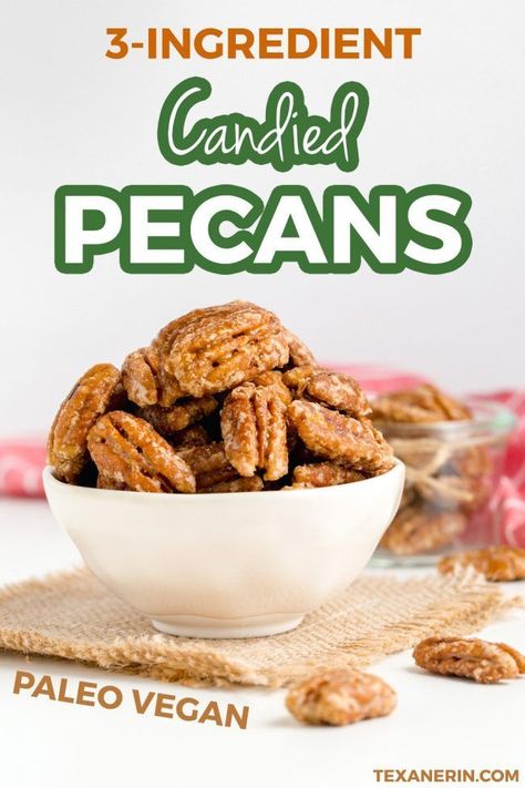 Here are the 3 ingredient candied pecans you won't want to miss! They ONLY take 5 minutes to make! That's right, just 5 minutes to have a delicious and healthy treat for you, your family and friends this fall season! There is even a video tutorial to help you along with the recipe. So, grab the recipe and your ingredients, watch the video and start making these EASY candied pecans. #paleo #vegan #healthy #recipes #dessert #homemade Candied Pecans Easy, Easy Candied Pecans, Vegan Healthy Recipes, Pecan Recipes Easy, Candied Pecans Recipe, Dessert Homemade, Vegan Pumpkin Pie, Walnut Recipes, Recipes Bread