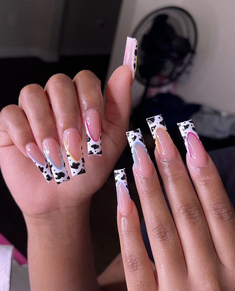 Rodeo Nails, Cow Nails, Long Acrylic Nail Designs, Colored Acrylic Nails, French Tip Acrylic Nails, Acrylic Nails Coffin Pink, Nails Only, Unique Acrylic Nails, Long Square Acrylic Nails