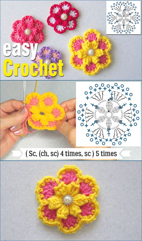 Crochet Popcorn Stitch Flower, Free Crochet Flower Patterns Easy, Crochet Flowers Step By Step, Crochet Flowers Free Pattern Easy, Small Flower Crochet, Easy Crochet Flowers, Crochet Popcorn Stitch, Diy Crochet Flowers Tutorial, Crochet Popcorn