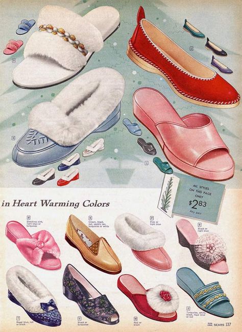 Women wore a whole lot more shoe styles than stilettos in the 1950s. Description from retrowaste.com. I searched for this on bing.com/images Vintage Slippers For Women, 1950s Womens Shoes, 1950 Shoes Unique Vintage, Vintage Shoe Ads, 1950s Slippers, 1940’s Women’s Shoes, Vintage Slippers, 1940s House, 1950s Shoes