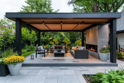 modern patio pavilion with wooden ceiling and lighting Attached Covered Patio, Attached Covered Patio Ideas, Spanish Colonial Exterior, Patio Extension Ideas, Event Venue Ideas, Patio Pavilion, Awesome Backyards, Covered Patio Ideas, Lancaster House