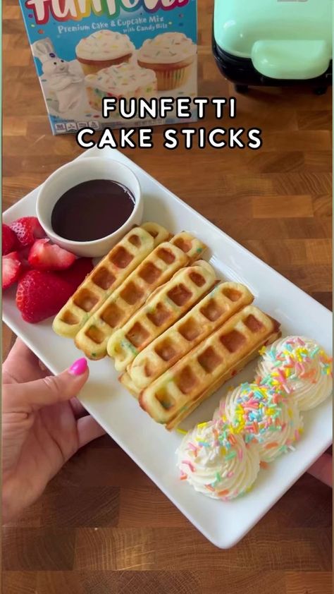 Waffle Sticks Recipe, Funfetti Cake Mix Recipes, Waffle Stick, Waffle Sticks, Baking Conversions, Dessert Waffles, Funfetti Cake Mix, Cupcake Mix, Waffle Cake