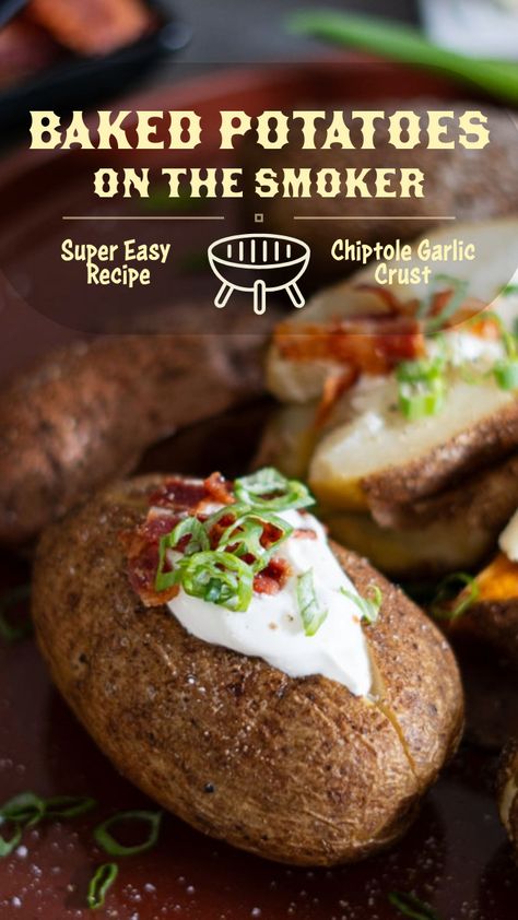 Transform your usual baked potatoes into a smoky, savory delight with our latest recipe! Our Smoked Baked Potatoes are seasoned with a chipotle garlic crust that gives them a deliciously crispy exterior and a tender, fluffy inside. Whether you're hosting a backyard barbecue or just looking to spice up your weeknight dinners, this recipe is a must-try. Baked Potatoes On The Smoker, Easy Baked Potatoes, Ideas For Side Dishes, Grilled Baked Potatoes, Smoked Baked Potatoes, Garlic Butter Rice, Smoked Potatoes, Homemade Italian Meatballs, Easy Baked Potato