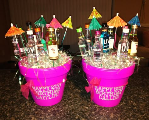 Birthday Bouquets: flower pot with mini liquor bottles, crazy straws, and cocktail umbrellas Booze Bouquet, Alcohol Bouquet, Birthday Bouquets, Booze Gift, Alcohol Gift Baskets, Liquor Gift Baskets, Liquor Bouquet, Crazy Straws, 21st Birthday Presents