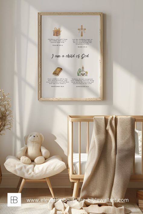 This biblical scripture art has I am a child of God in the center and then 4 inspirational scriptures about children around it in neutral colors. There is Psalm 127:3 children are a gift from the Lord with an image of a gift, Mark 10:14 with the image of a cross, Proverbs 22:6 Train up Children in the way they should go with the image of a Bible, and Ephesians 6:4 with the image of a church. This Biblical scripture art is a perfect neutral baby nursery decoration or baby dedication gift! Biblical Decorating Ideas, Lion Of Judah Nursery, Christian Nursery Theme, Christian Baby Nursery, Biblical Nursery, Bible Verses About Children, Verses About Children, Catholic Nursery, Calm House