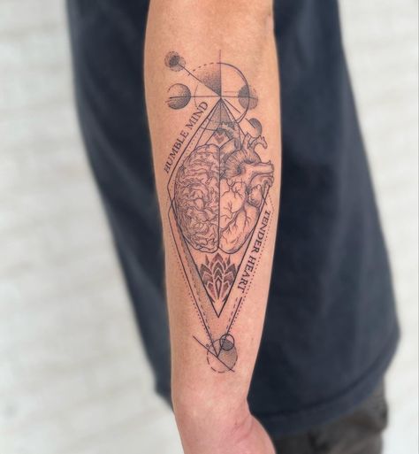 Human Heart And Brain Tattoo, Heart Over Head Tattoo, Head Over Heart Tattoo, Head And Heart Balance Tattoo, Balance Between Heart And Mind Tattoo, Mind Vs Heart Tattoo, Head Vs Heart Tattoo, Brain Vs Heart Tattoo, Head Heart Tattoo