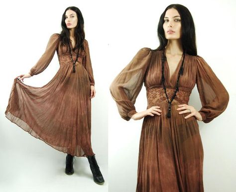 30s (or 70s) sheer dress Long 70s Dress, Flowy Witch Dress, 70s Witchy Fashion, 70s Boho Dress, 70s Dresses Aesthetic, 70s Witch Aesthetic Fashion, 70s Victorian Fashion, Witch Fashion Aesthetic Modern, 70s Dark Fashion