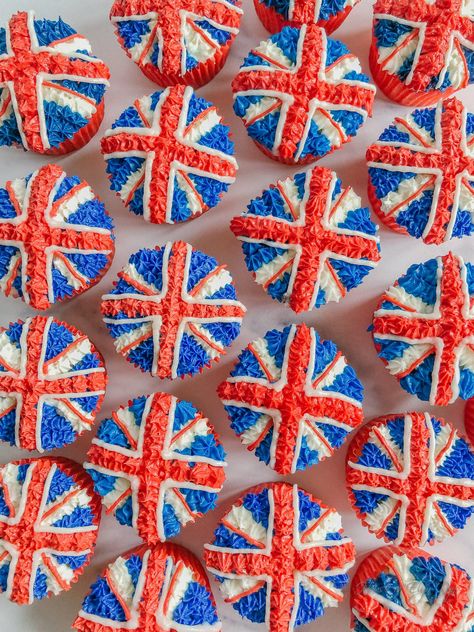 Cupcakes decorated with red, white, and blue British Flags Union Jack Cupcakes, Red White Blue Cupcakes, Coronation Cupcakes, Almond Frosting, Royal Coronation, Vanilla Bean Cupcakes, Blue Frosting, Red And White Flag, Blue Cupcakes