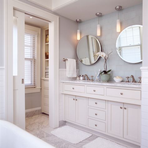 Toilet Closet, Hidden Toilet, Small Bathroom Remodel Designs, Cottage Bath, Bathroom Ensuite, Double Vanity Bathroom, Pocket Door, House Beds, Bathroom Redo