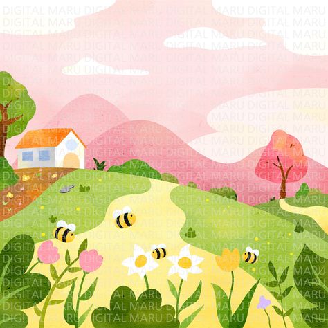 Spring Themed Drawings, Garden Flower Illustration, Spring Landscape Illustration, Spring Garden Illustration, Cute Spring Illustration, Spring Pallete Color, Cute Spring Art, Spring Design Graphic, Spring Illustration Art