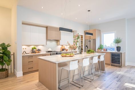 Kitchen of the Week: Contemporary Style in Warm Wood and White Wood Toned Kitchen, Transitional Modern Kitchen, Small Kitchen Redo, Kitchen Soffit, Transitional Flooring, Transitional Kitchens, Kitchen Floating Shelves, Bold Kitchen, Kitchen Design Pictures