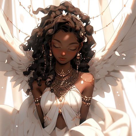 Black Female Angel Art, Dark Skin Angel Art, Black Angel Drawing, Black Angel Character Design, Black Princess Character Design, Goddess Character Art, Black Women Art Goddesses, Black Woman Angel, Black Anime Woman