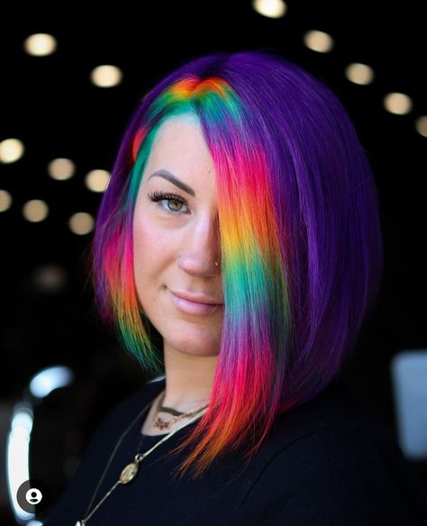 Colorblock Hair Placement, Rainbow Money Piece Hair, Galactic Hair, Rainbow Money Piece, Neon Hair Color, Rainbow Stuff, Color Block Hair, Vivid Hair, Purple Ombre Hair