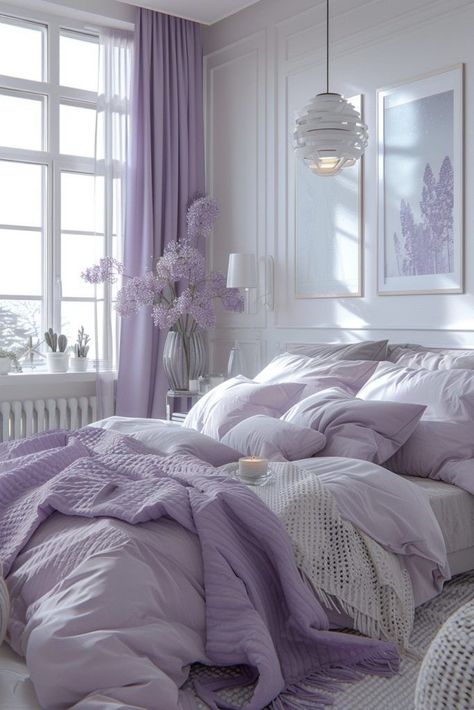 Light Purple Room Ideas Aesthetic, Bedroom Aesthetic Purple Pastel, Lilac Gray Bedroom, Lavender Bedroom Decor Ideas, Lilac And Gray Bedroom, Purple Color Room, Colors To Pair With Purple, Bedroom Ideas Purple And Grey, Gray And Purple Bedroom Ideas