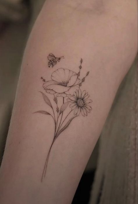 Simple Wildflower Tattoo Designs, Tulip And Daisy Tattoo, Poppy And Daisy Tattoo, Meadow Flowers Tattoo, Daisy And Poppy Tattoo, Tatoos Woman Chest, Upper Chest Tattoo Female, January Flower Tattoo, Chest Tattoo Drawings