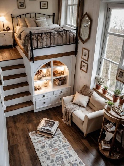 Tiny Home Bedroom Loft, Tiny Homes With 2 Bedrooms, Tiny Cottage Interior Design, Tiny House For Family, Tiny Cottage Interior, Small Barn Home, Adu Ideas, Design Ložnic, Bahay Kubo