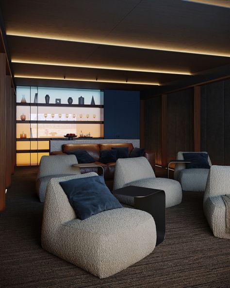 Contemporary house| Home cinema theatre :: Behance Movie Room Lounge Chair, Cinema Side Table, Modern Home Cinema, Small Cinema Room Ideas, Cinema Interior Design, Cinema Room Ideas, Small Cinema Room, Theatre Room Seating, Luxury Home Cinema Room