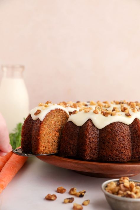 Easy Carrot Cake Bundt Cake Recipe, Carrot Bundt Cake With Cream Cheese, Carrot Bundt Cake, Carrot Cheesecake Bundt Cake, Bundt Cake Carrot, Carrot Cream Cheese Bundt Cake, Carrot Cake Bundt, Cake Recipe With Sour Cream, Cheesecake Swirl Carrot Bundt Cake