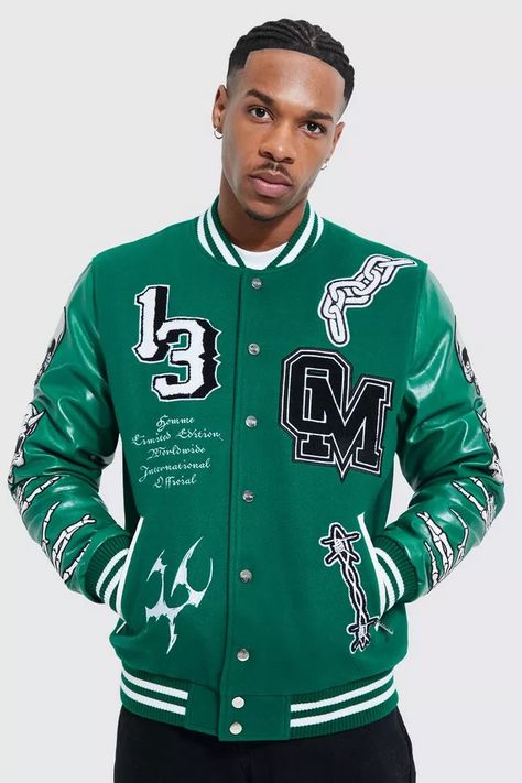 Don't Miss Out Green Varsity Jacket, Borg Jacket, Varsity Jacket Men, Heavy Coat, Men's Coats & Jackets, Coach Jacket, Leather Sleeve, The Numbers, Green Jacket