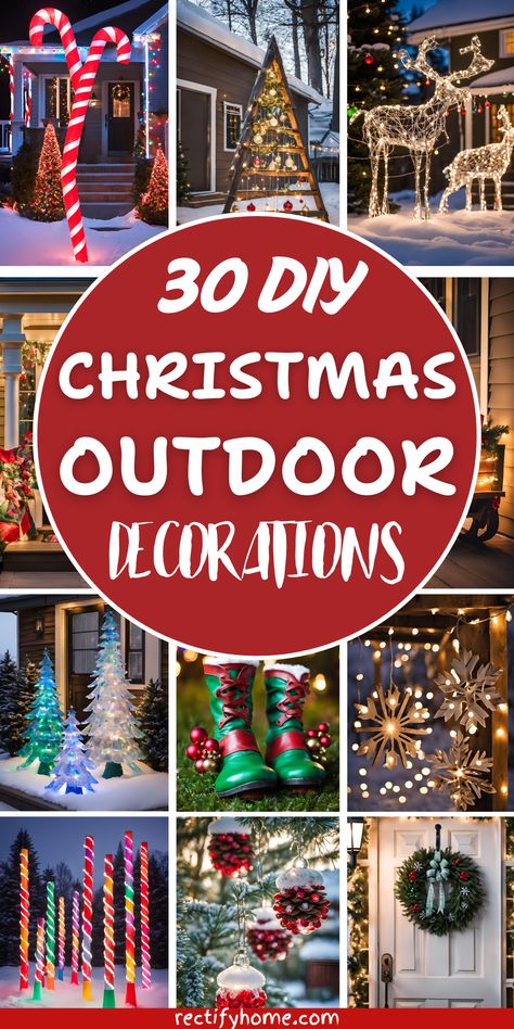 diy outside christmas yard decorations Cool Christmas Decorations Outdoor, Winter Yard Decorations Diy, Front Yard Christmas Light Display, Creative Outdoor Christmas Decor, Diy Outdoor Reindeer, Christmas Outside Lights Ideas, Outdoor Wall Christmas Decor, Holiday Yard Decorations Diy, Diy Outdoor Xmas Decor