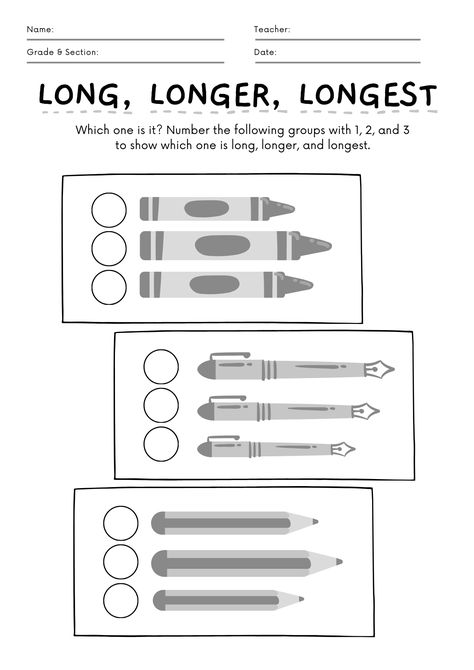 Long Longer Longest Color Wheel Worksheet, Alphabet Pictures, Challenges Activities, Personal Writing, Learning Worksheets, Sight Word Practice, Abc Order, Classroom Printables, Kindergarten Math Worksheets