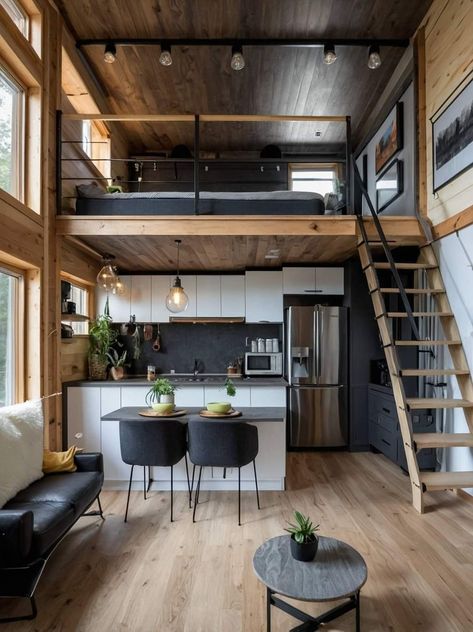 Studio Apartment With Mezzanine, Mezzanine Kitchen Living Rooms, Small House Mezzanine, Loft Adu, Small Loft House Design, Loft Apartment Floor Plan, Small Home Design, Shed Tiny Home, Loft House Design