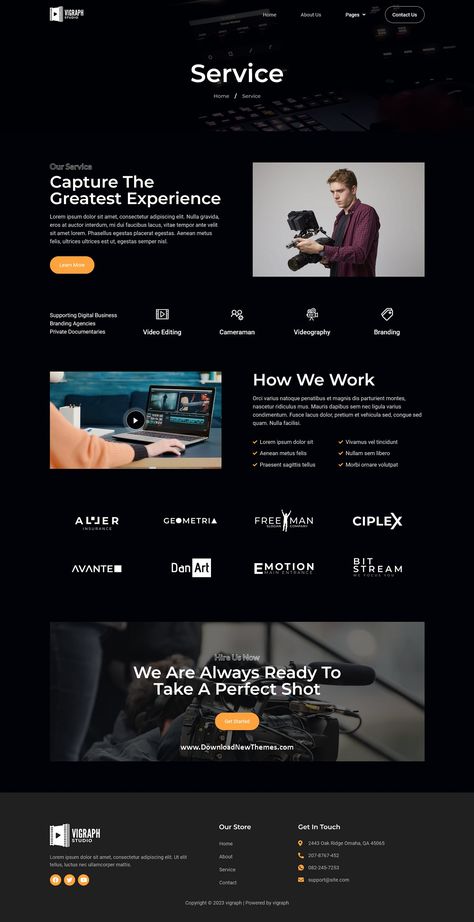 Vigraph - Videography Studio Elementor Template Kit Website Design Inspiration Business, About Us Page Design, Creating Websites, Agency Website Design, Videography Studio, Business Website Design, Agency Website, Website Services, Webpage Design