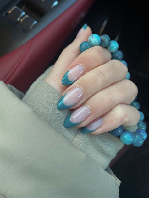 Turquoise Nails French, Turquoise Nails French Tip, Teal French Nails, Teal French Tips, Teal French Tip Nails, French Nails Almond, French Tip Nails Almond, Teal Acrylic Nails, Tip Nails Almond