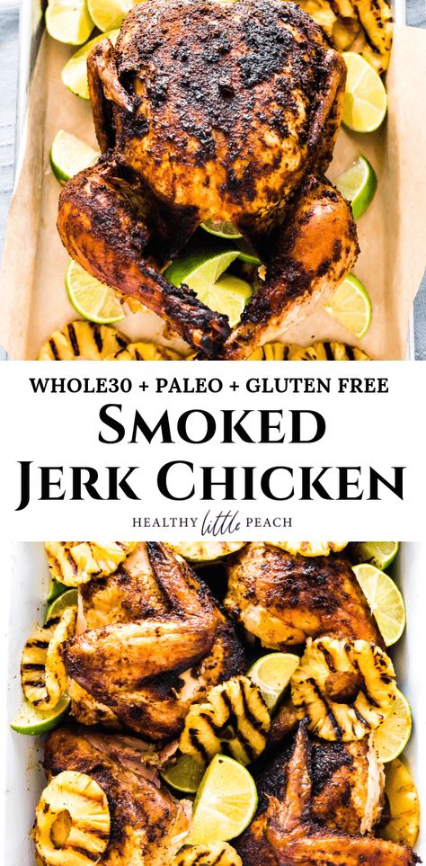 Whole Jerk Chicken In The Oven, Smoked Jerk Chicken, Birthday Meals, Peach Healthy, Jerk Chicken Recipe, Jamaican Dishes, Whole Chicken Recipes, Traeger Recipes, Chicken With Olives