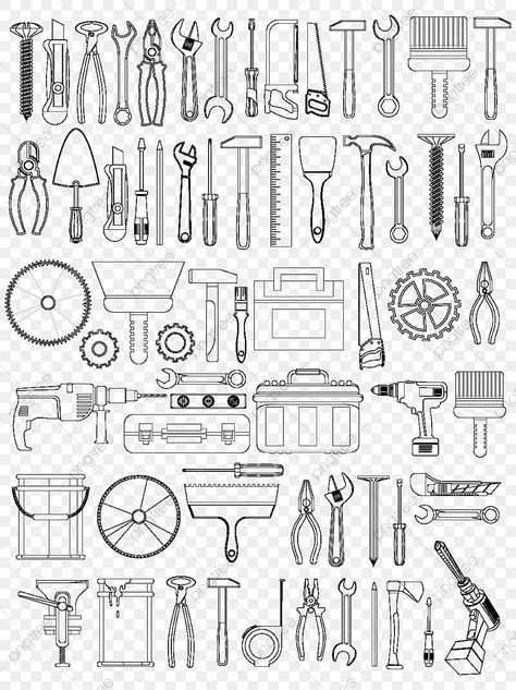 Tools Drawing Sketches, Mechanical Tools Drawing, Mechanic Tools Drawing, Hand Tools Drawing, Drawing Tools Sketching, Tool Library, Cartoon Tools, Garage Drawing, Tools Background