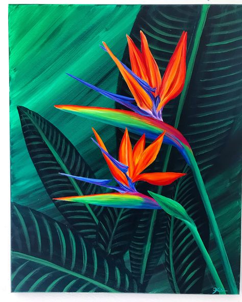 Bird Of Paradise Painting, Paradise Artwork, Paradise Painting, Birds Of Paradise Plant, Jellyfish Painting, Paradise Plant, Birds Of Paradise Flower, Tropical Painting, Colourful Birds