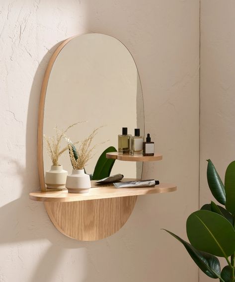 Bathroom Mirror With Shelf, Wall Mirror With Shelf, Entryway Mirror, Bad Inspiration, Oak Shelves, Kitchen Accessories Decor, Oval Wall Mirror, Mirror With Shelf, Wooden Mirror