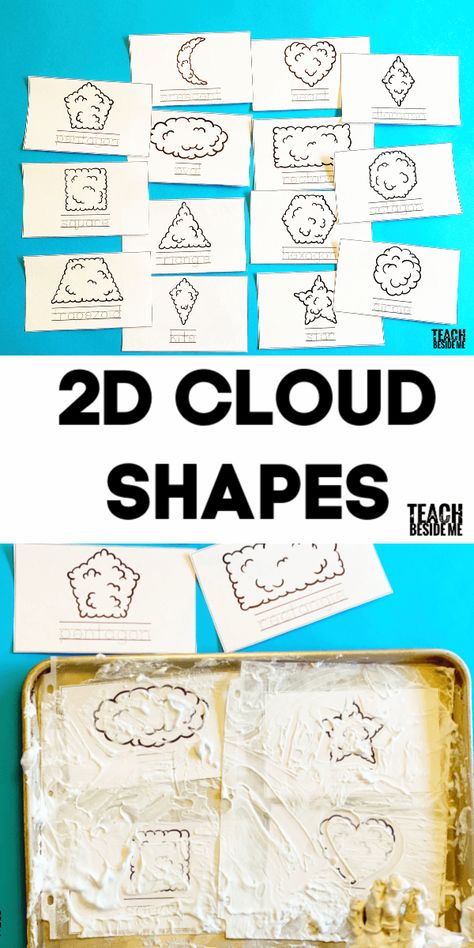 2d Shapes with Clouds~ fun sensory learning with shaving cream! Shape Clouds Preschool, Cloud Shapes Template, Cloud Activities For Preschool, Clouds Lesson Plan, Clouds Lesson, 2d Shapes Names, Shapes Name, Storybook Crafts, Eric Carle Activities