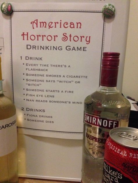 American horror story drinking game! I was just talking about this at the bar last night. Lololololol #birthdayquotes #22nd #birthday #quotes Movie Drinking Games, Liquor List, American Horror Story 3, Fun Drinking Games, American Horror Story Coven, Themed Drinks, Geek Games, Funny Pix, Drinking Game