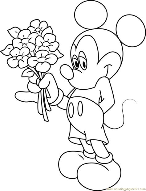 Mickey Mouse Having Flowers in Hand Coloring Page Goofy Mickey Mouse, Disney Halloween Coloring Pages, Easy Steps To Draw, Mouse Artwork, Free Disney Coloring Pages, Mickey Coloring Pages, Halloween Summer, Mickey Mouse Printables, Peppa Pig Colouring